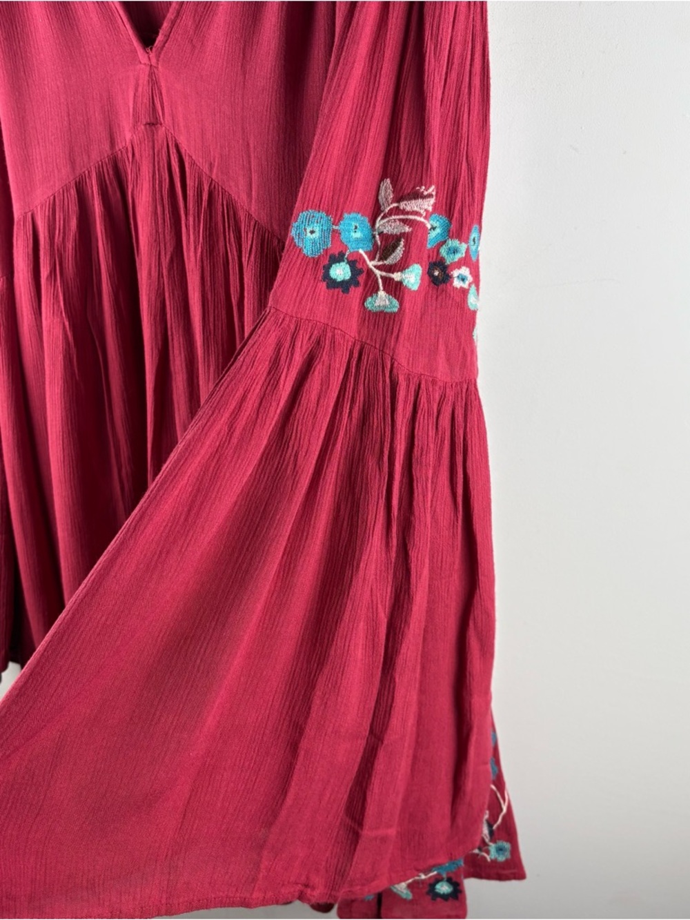Free People Te Amo Floral Boho Mini Dress $148 Red XS Babydoll Embroidered Bell - Picture 5 of 10